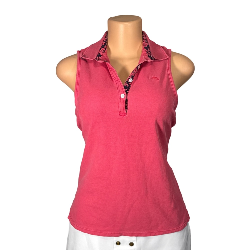 Tommy‎ Bahama Womens Small Sleeveless Polo Shirt Coral Pink Floral Trim Cotton